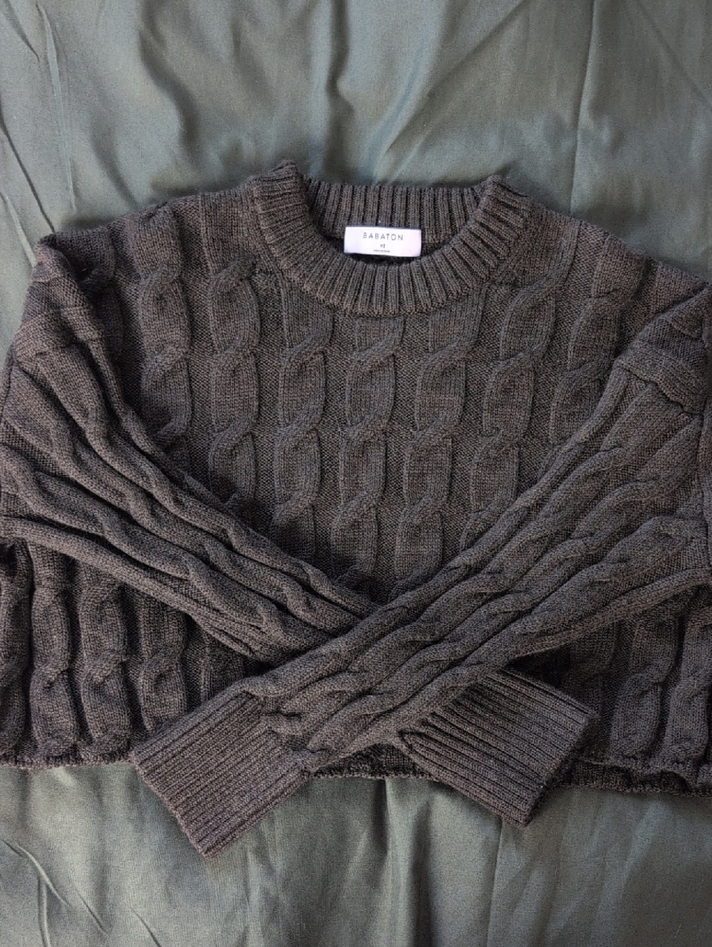 Babaton Dark Green Cable Knit Cropped Sweater